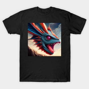 Long Necked Blue and Red Dragon with Purple Eyes T-Shirt